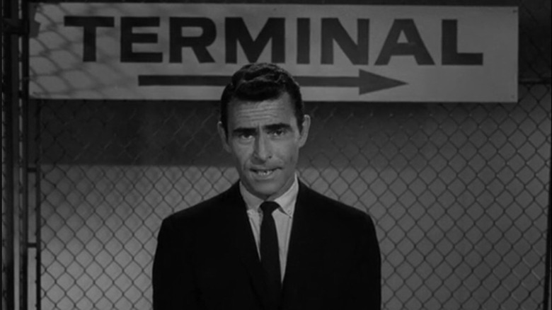 Rod Serling narrates the opening of an episode of The Twilight Zone