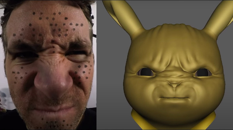 A behind-the-scenes side-by-side of Ryan Reynolds, whose face is made up with VFX capture dots, and the corresponding animation of his character Detective Pikachu