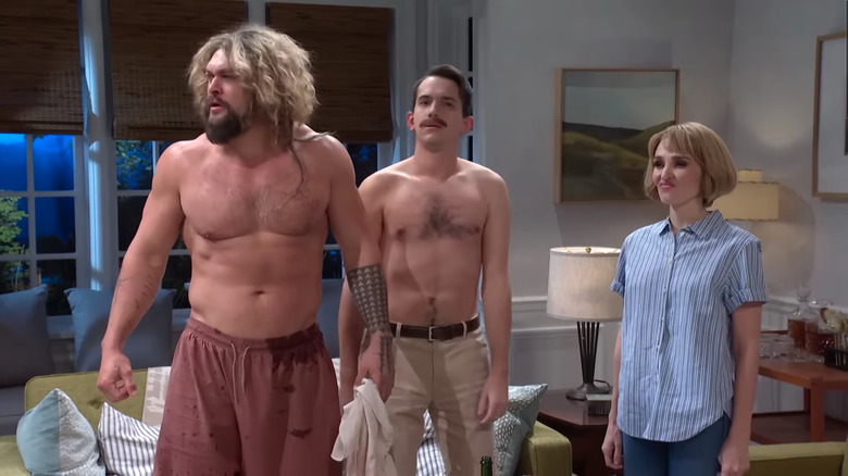 Jason Momoa, Andrew Dismukes, and Chloe Fineman on Saturday Night Live