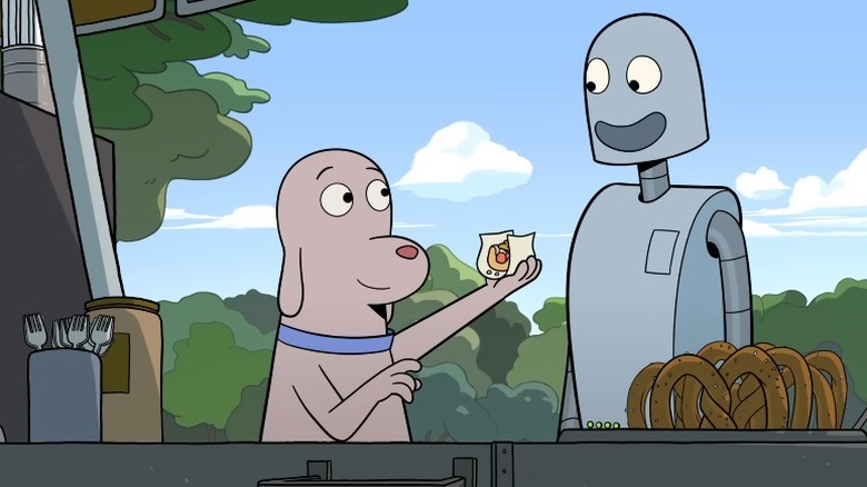 Dog offering Robot a hot dog in Robot Dreams