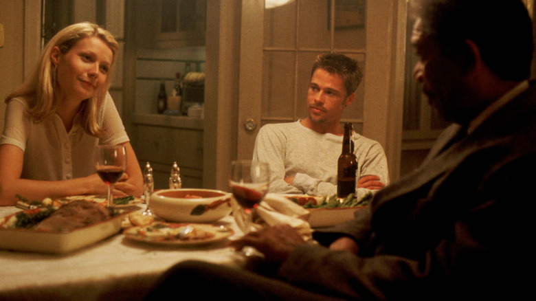 Brad Pitt, Gwyneth Paltrow, and Morgan Freeman's Mills, Tracy, and Somerset enjoying dinner together in Se7en