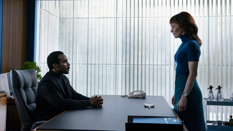 Helly R. confronting Mr. Milchick at his desk in Severance