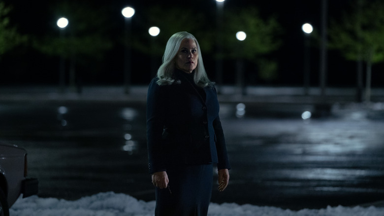 Patricia Arquette's Harmony Cobel standing in a parking lot on Severance