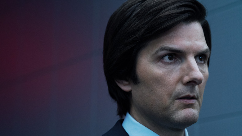 Adam Scott's Mark S. looking disturbed at something off camera in Severance season 2