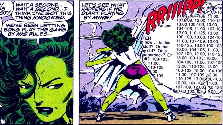 John Byrne's Sensational She-Hulk run, She-Hulk tearing off the pages of the comic book frame.