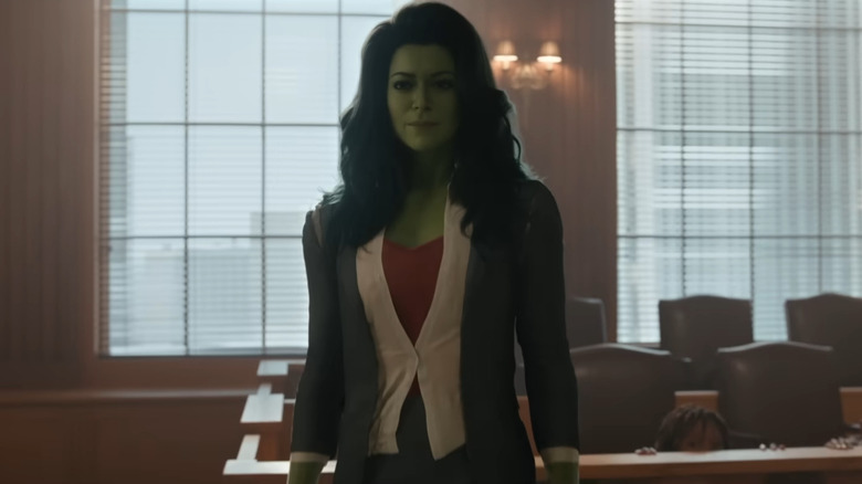 She-Hulk prepares for battle in a courtroom in "She-Hulk: Attorney At Law"