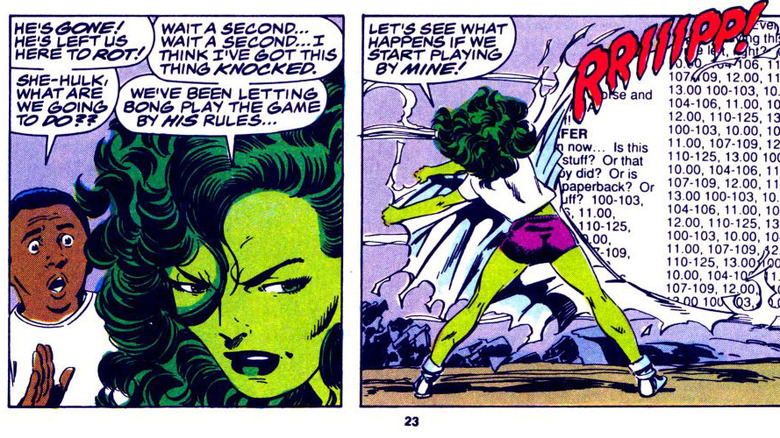 She-Hulk ripping a comics panel open 
