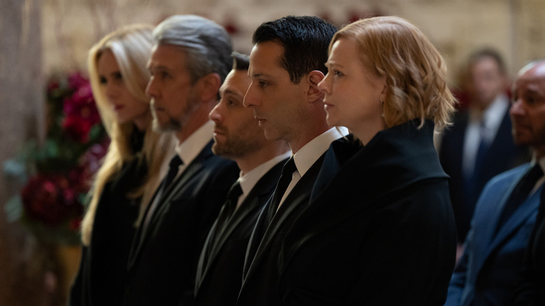 Succession's Shiv mourning in formation with Kendall, Roman, Connor, and Willa