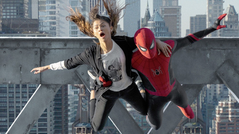 MJ and Peter leaping off a bridge in Spider-Man: No Way Home