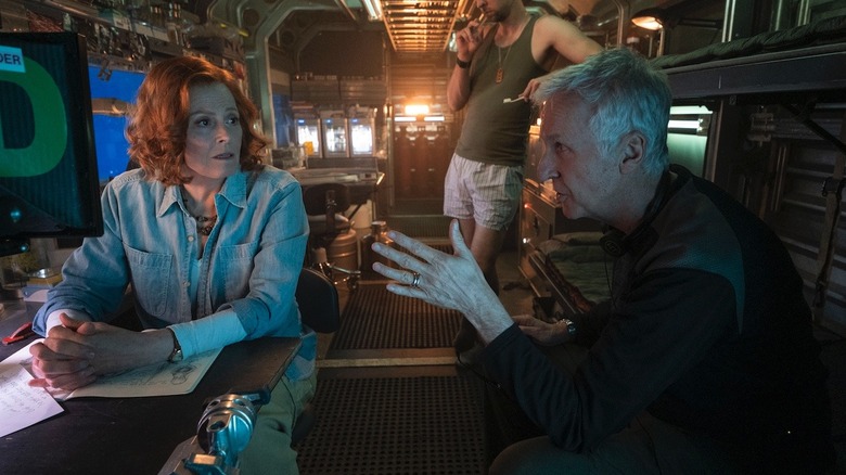 Sigourney Weaver and James Cameron on the set of Avatar: The Way of Water