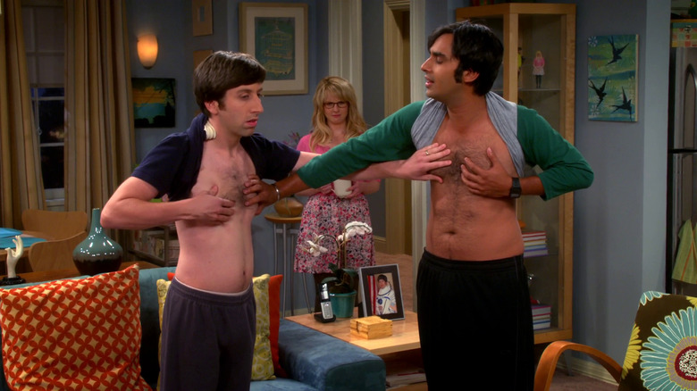 Howard and Raj with their shirts tightened the touch of the theory of the Big Bang