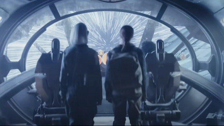 The cast of Skeleton Crew at the front of the ship as they enter hyperdrive