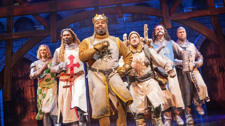 Spamalot's Robin, Lancelot, King Arthur, Patsy, Bedevere, and Lancelot marching