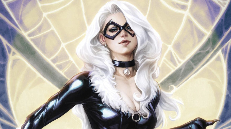 Spider-Man comic cover showing Black Cat standing in front of web