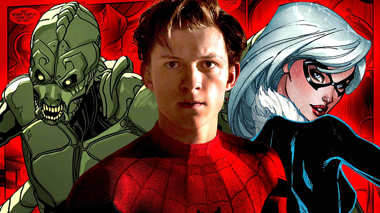 The Scorpion, Tom Holland as Spider-Man/Peter Parker unmasked, and Felicia Hardy/the Black Cat in composite photo