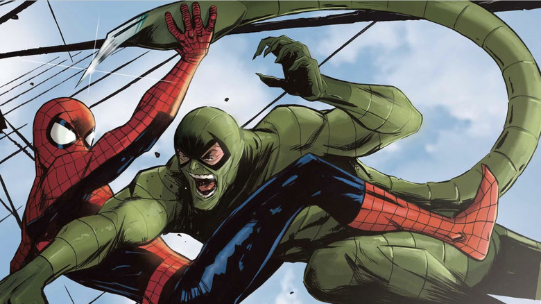 Spider-Man comic showing Spider-Man battling the Scorpion mid-air