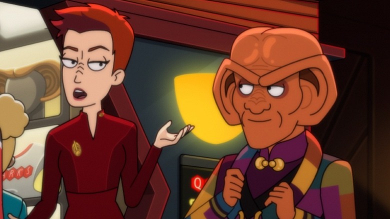 Animated versions of Kira Nerys (Nana Visitor) and Quark (Armin Shimerman) on Star Trek: Lower Decks