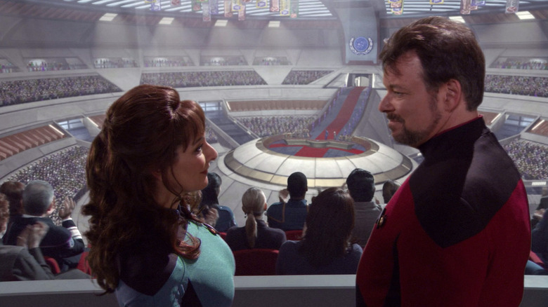 The Federation is being founded behind Commander Riker and Counselor Troi in Star Trek: Enterprise