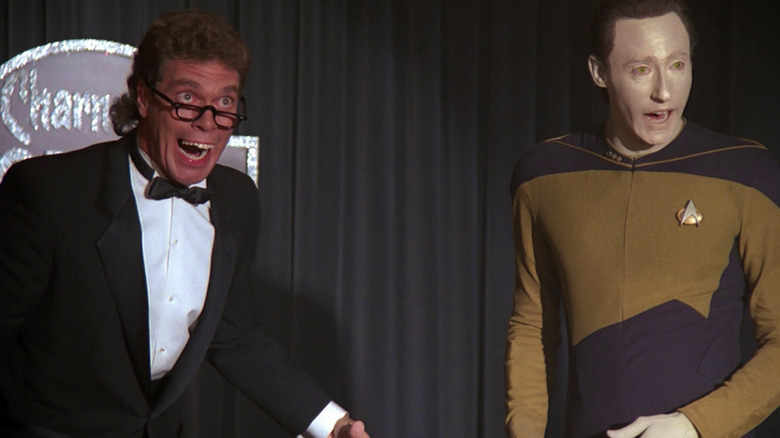 Brent Spiner as Data and comedian Joe Piscopo as Ronald B. Moore in Star Trek: The Next Generation