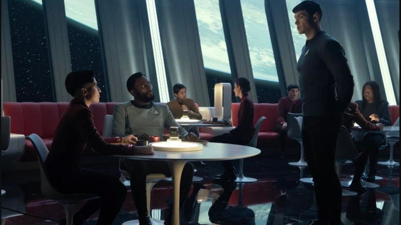 Cast in the mess hall of Star Trek: Strange New Worlds