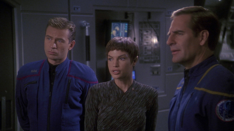 Trip Tucker, T'Pol, and Captain Archer on an episode of Star Trek: Enterprise