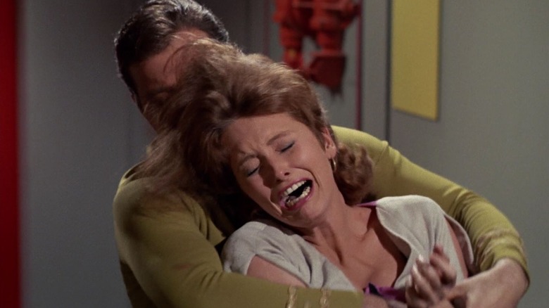 Captain Kirk, holding a wailing Dr. Lester, on Star Trek.