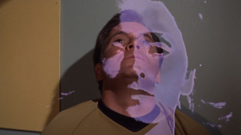 A superimposed image of Dr. Janice Lester over a filmed image of Captain Kirk. From Star Trek.