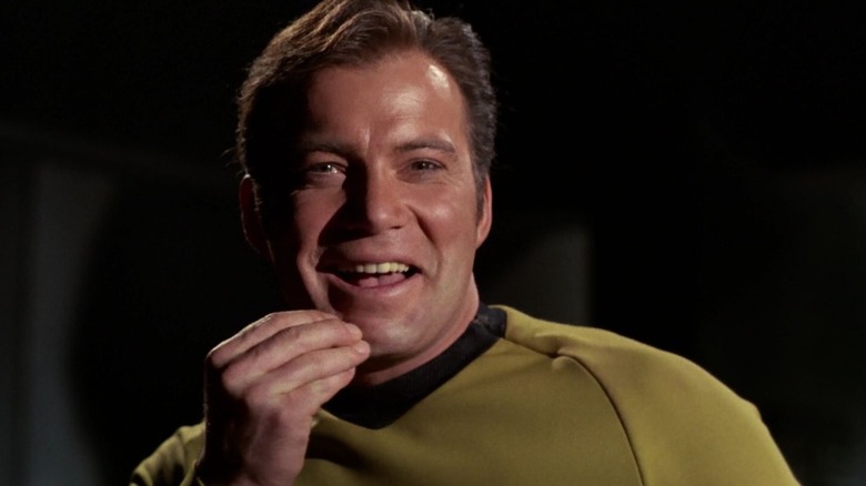 Captain Kirk, possessed by Dr. Janice Lester, looking evil in an episode of Star Trek.