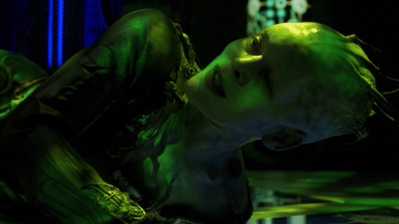 the Borg Queen, dying on the floor, a shot from the last episode of Star Trek: Voyager