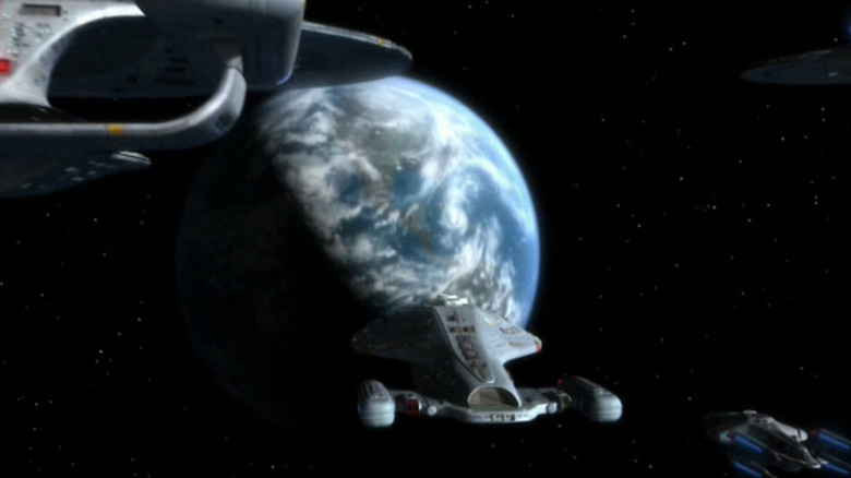 The U.S.S. Voyager approaching earth in the final episode of Star Trek: Voyager.