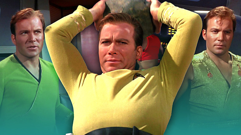 Captain Kirk (William Shatner) lifts a rock, flanked by two other images of himself from Star Trek: The Original Series