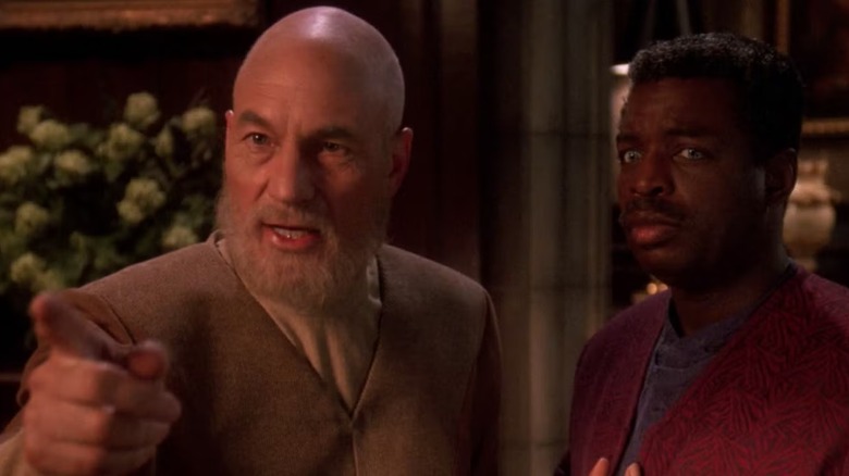 Picard (Stewart) and Geordi La Forge (LeVar Burton) are in a strange future in All Good Things, the TNG finale