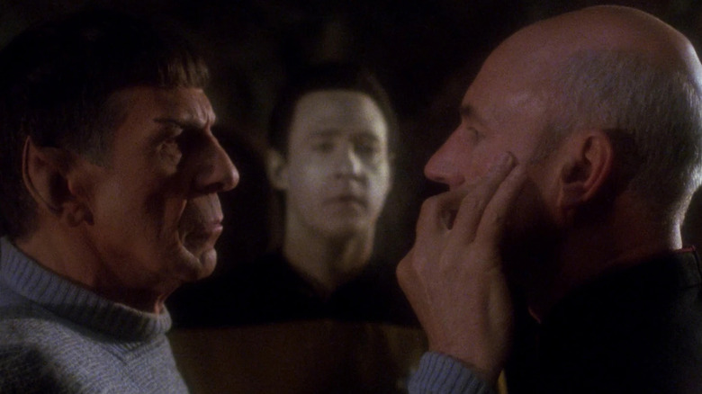 Spock (Leonard Nimoy) mind-melds with Picard (Patrick Stewart) in Star Trek: The Next Generation