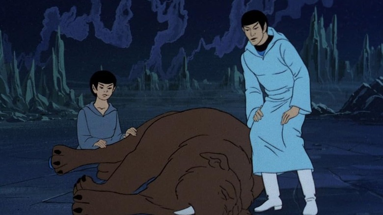 Spock (Leonard Nimoy) mourns his pet with his younger self (Billy Simpson) in Star Trek: The Animated Series