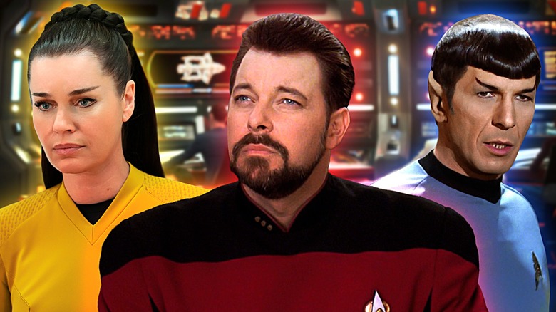 Rebecca Romijn as Una Chin-Riley, Jonathan Frakes as Will Riker, and Leonard Nimoy as Spock from Star Trek TV shows