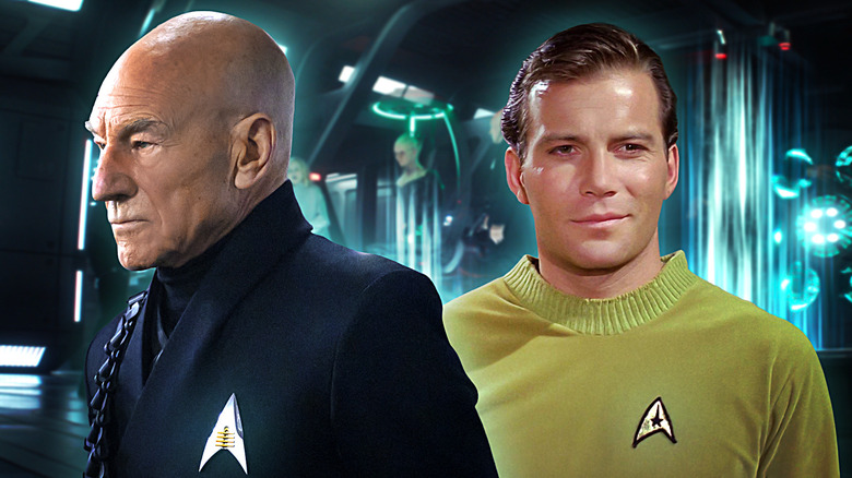 A collage of old Captain Picard and young Captain Kirk, sporting very different Starfleet insignias