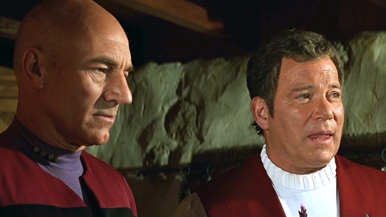 Patrick Stewart as Jean-Luc Picard and William Shatner James T. Kirk share the screen in Star Trek Generations