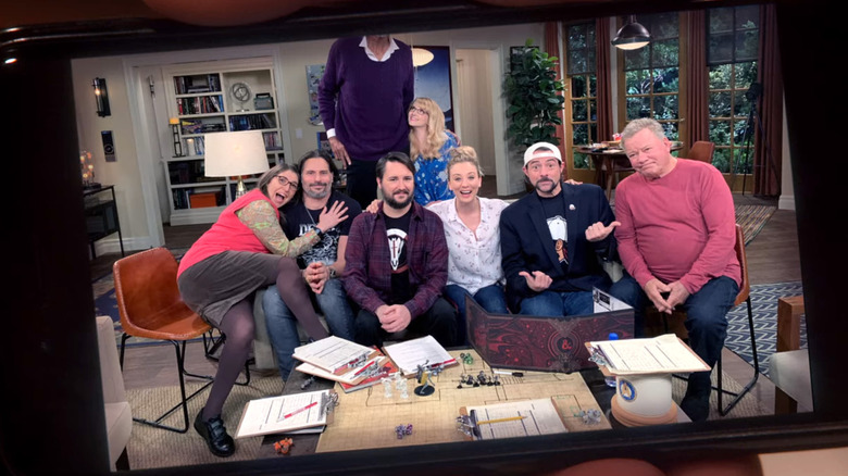 William Shatner as himself, Kaley Cuoco as Penny, and the rest of the celebrity D&D group pose for a picture on The Big Bang Theory