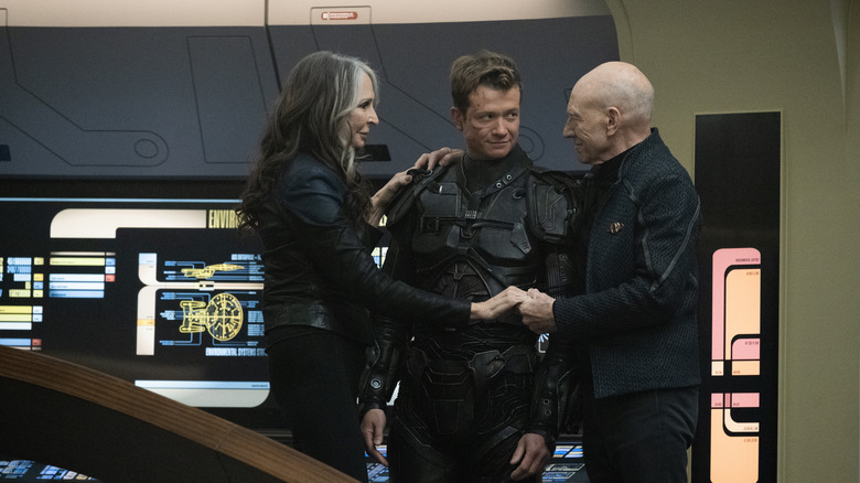 Gates McFadden, Ed Speleers, and Patrick Stewart  in Star Trek: Picard