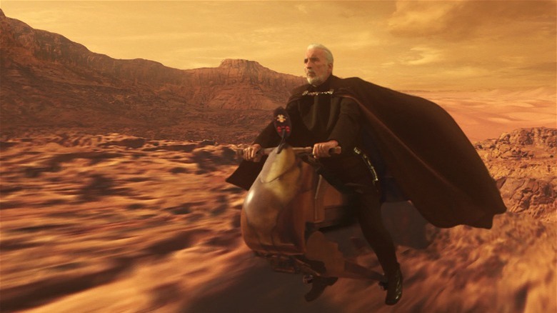 Count Dooku riding a Speeder Bike in "Star Wars: Attack of the Clones"