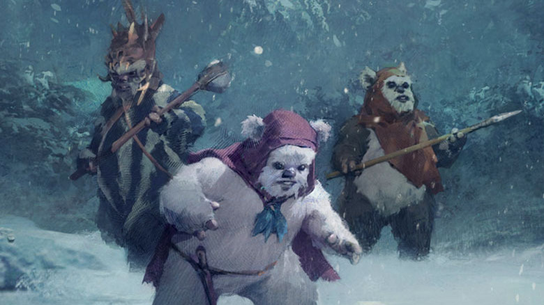 Ewoks in a Winter Wonderland as seen in the new book Life Day Treasury: Holiday Stories from a Galaxy Far, Far Away