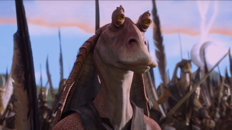 Jar Jar Binks preparing for battle