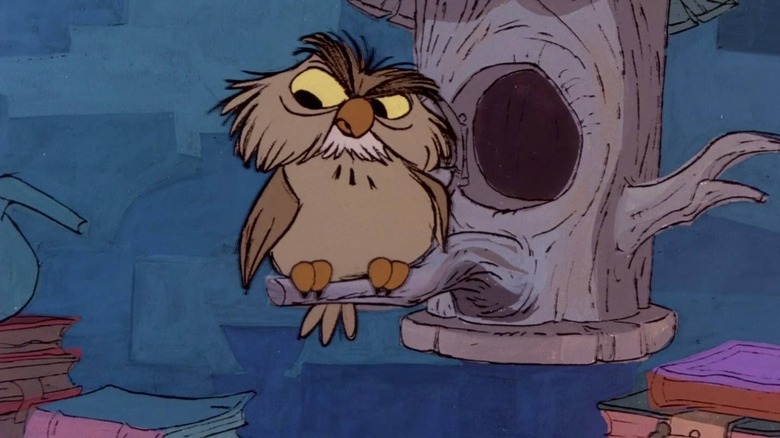 Archimedes looking in disdain from his bird house in The Sword in the Stone