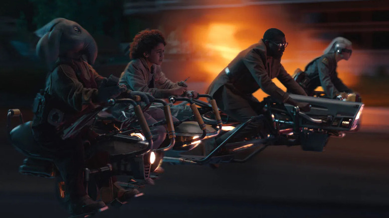 Neel, Wim, Wendle, and KB riding hoverbikes in Star Wars: Skeleton Crew