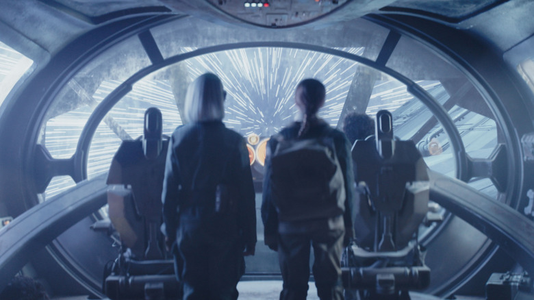 KB (Kyrianna Kratter), Fern (Ryan Kiera Armstrong), and Wim (Ravi Cabot-Conyers) traveling through hyperspace in Star Wars: Skeleton Crew