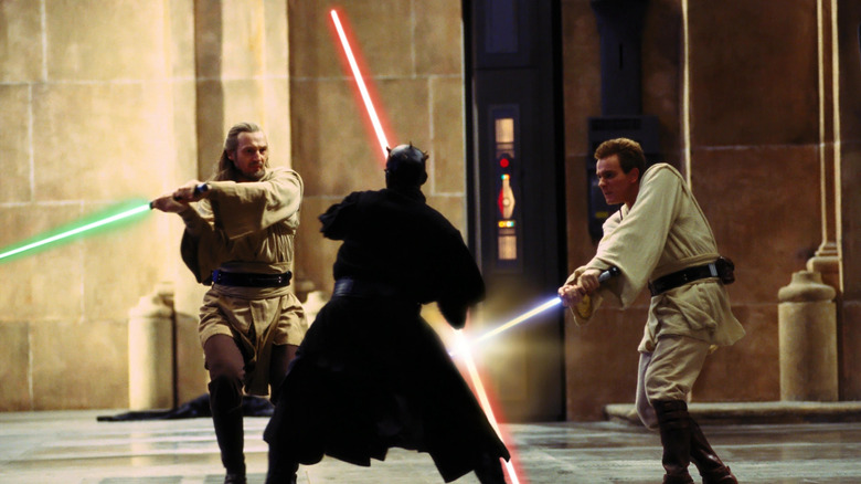 Ameaça Fantasma Duel of Fates sabres de luz Darth Maul Obi-Wan Kenobi Qui-Gon