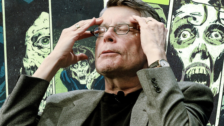 Stephen King sitting in front of Marvel Comics' X-Men issue Heroes For Hope