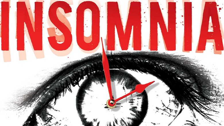 Cover art for Insomnia, featuring a sketch of an wide open eye with its iris become a clock.