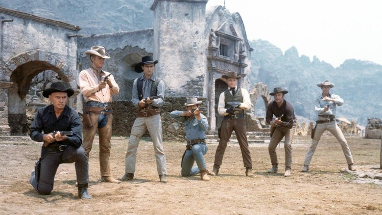 Steve McQueen, Yul Brynner, Charles Bronson, Robert Vaughn, Brad Dexter, James Coburn, and Horst Buchholz in The Magnificent Seven