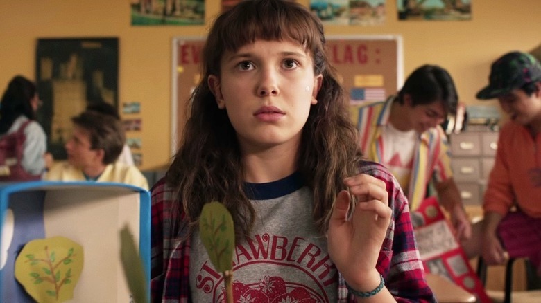 Eleven looking concerned in Stranger Things 4